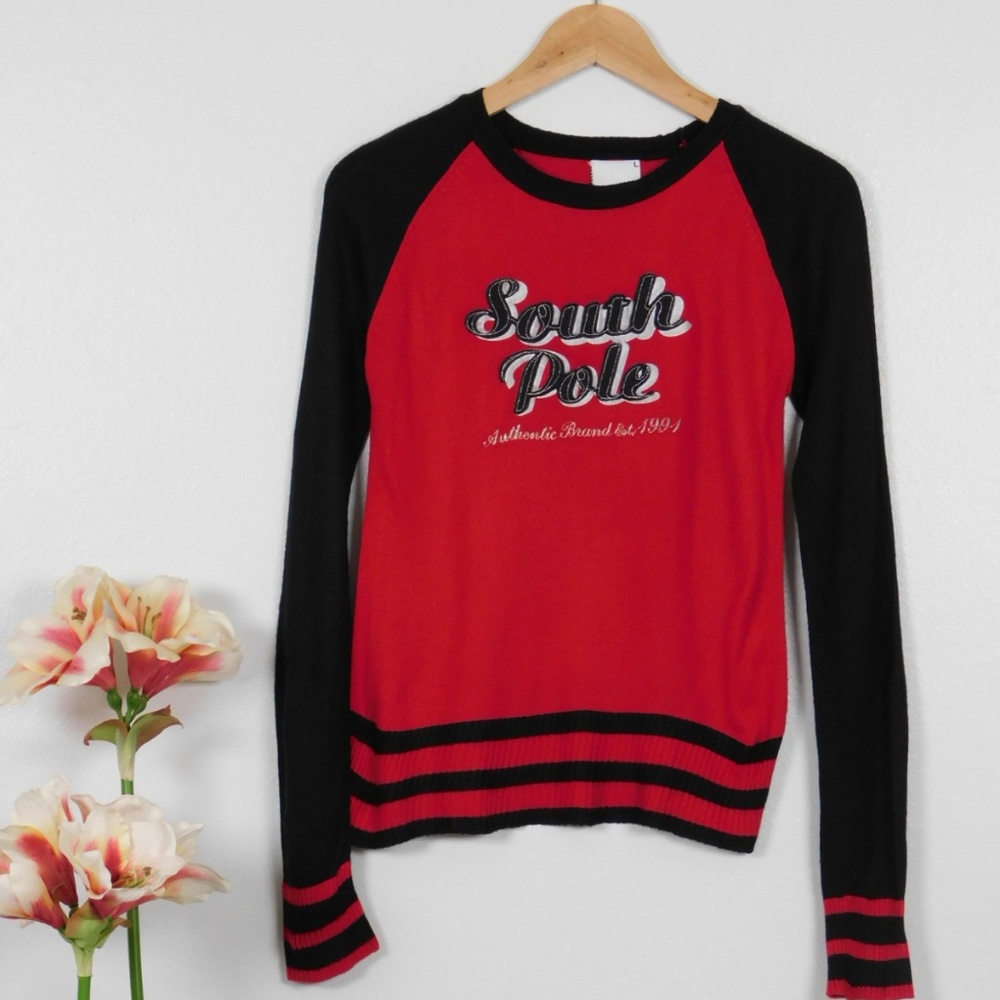 Southpole Juniors Long Sleeve Spell Out Logo Pullover Sweater Size L Red Black‎
